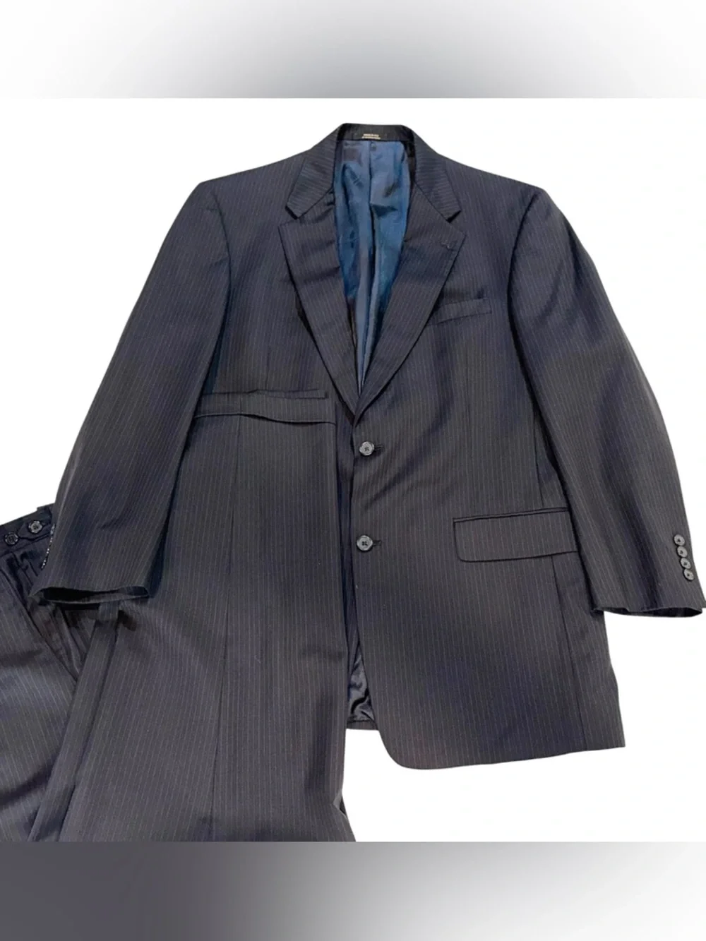 Hart Schaffner & Marx Pinstriped Suit Mens Blue 2Pc Worsted Wool 42L 35x30” USA